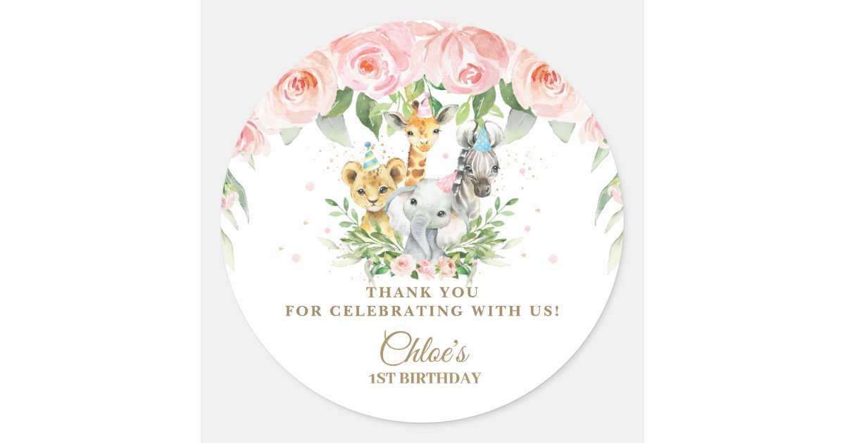 Cute Jungle Animals Pink Floral Thank You Favor Classic Round Sticker ...
