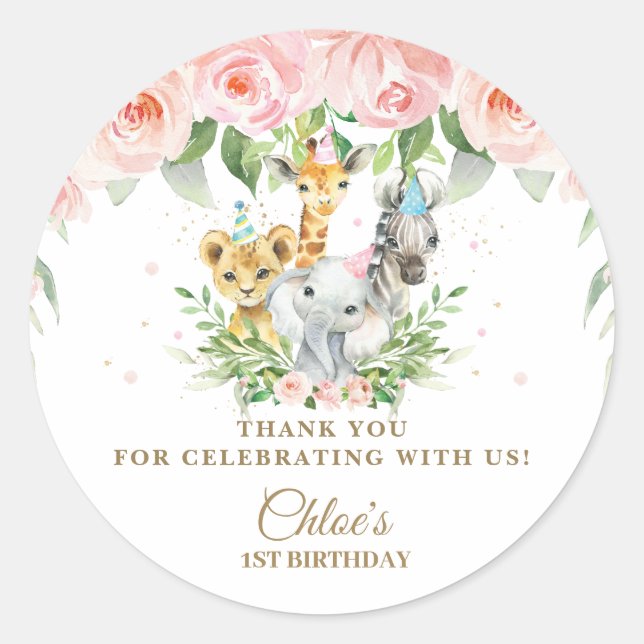 Cute Jungle Animals Pink Floral Thank You Favor  Classic Round Sticker (Front)