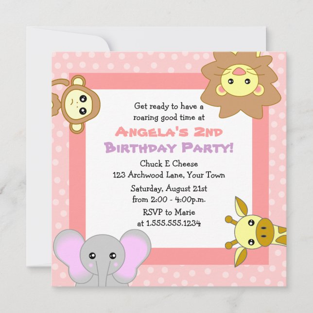 Cute Jungle Animals Pink Kids Birthday Invitations (Front)
