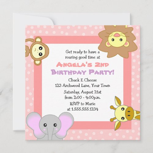 Cute Jungle Animals Pink Kids Birthday Invitations