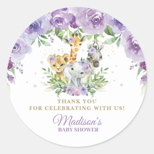 Cute Jungle Animals Purple Floral Thank You Favor  Classic Round Sticker