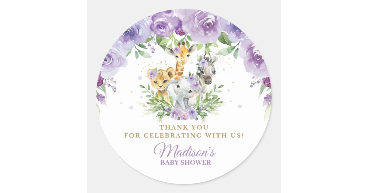 Cute Jungle Animals Purple Floral Thank You Favor Classic Round Sticker ...