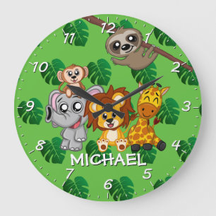 Cute Jungle Animals Rainforest Green Name Cartoon Large Clock