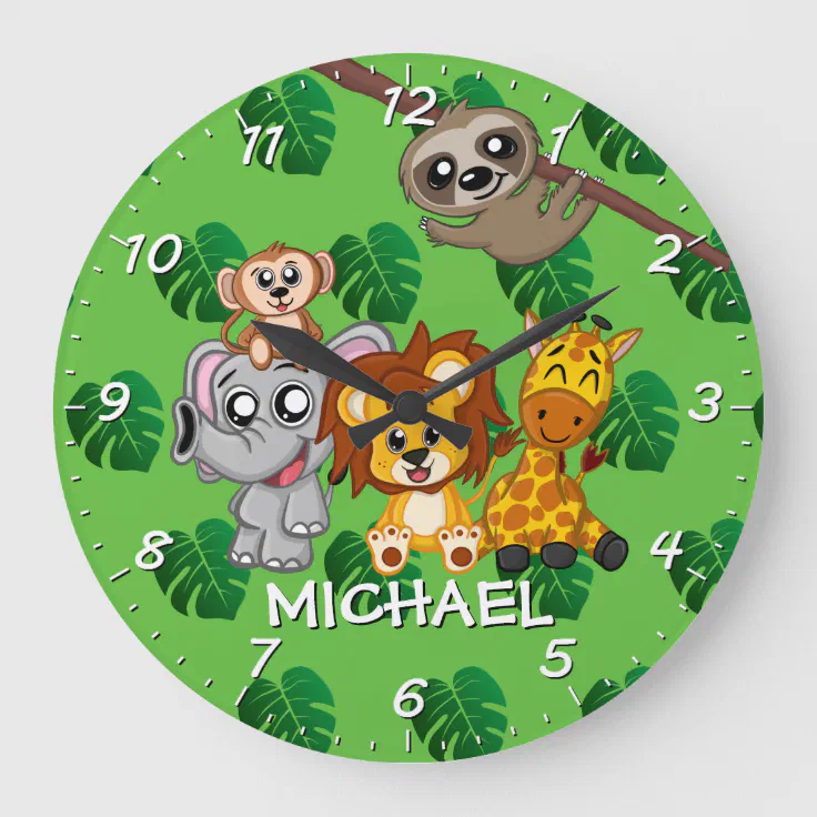 Cute Jungle Animals Rainforest Green Name Cartoon Large Clock | Zazzle