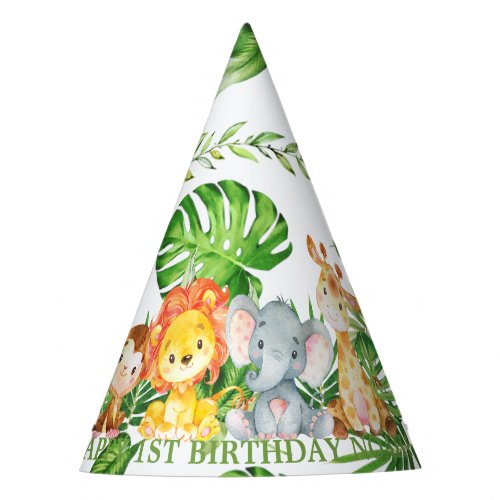Cute Jungle Animals Safari 1st Birthday Greenery Party Hat