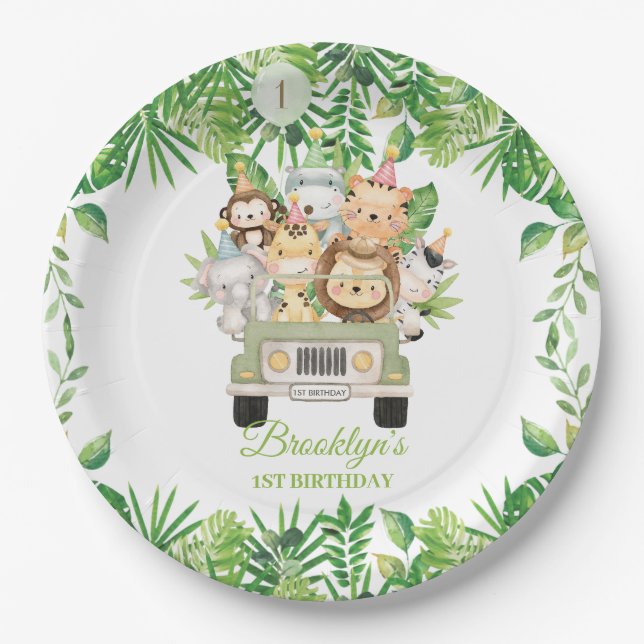 Cute Jungle Animals Safari Adventure Car Birthday  Paper Plates (Front)