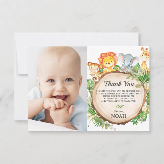 Cute Jungle Animals Safari Birthday Party Photo Thank You Card | Zazzle