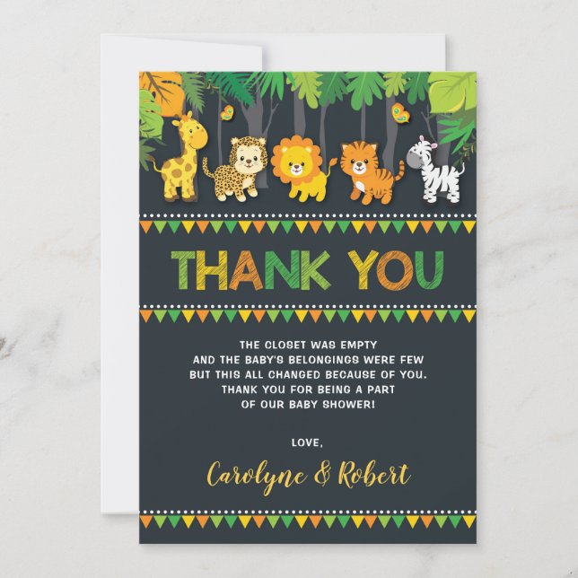 Cute Jungle Animals Safari Boy Baby Shower Thank You Card (Front)