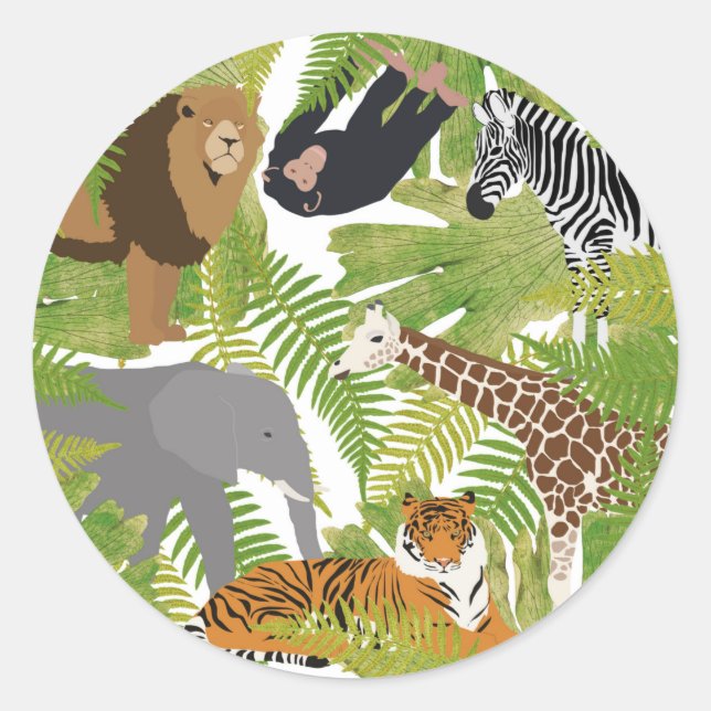 Cute Jungle Animals Safari Boy | Girl Classic Round Sticker (Front)