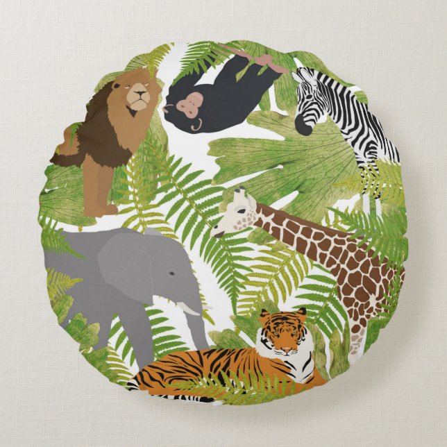 Cute Jungle Animals Safari Boy | Girl Round Pillow (Front)