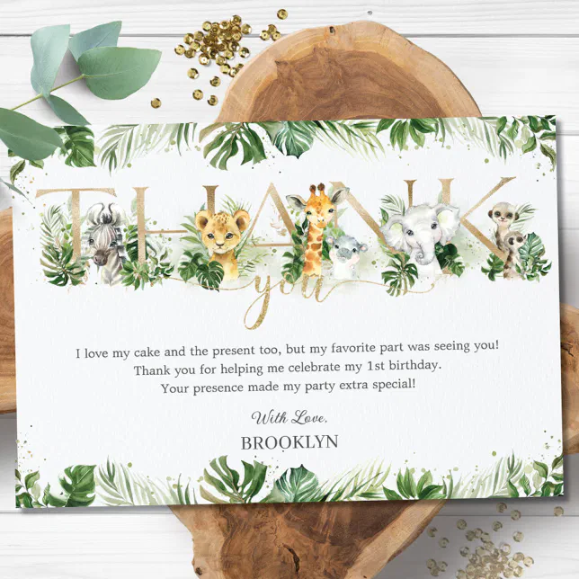Cute Jungle Animals Safari Greenery 1st Birthday Thank You Card | Zazzle