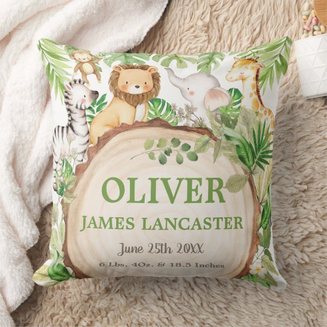 Cute Jungle Animals Safari Greenery Boy Nursery  Throw Pillow (Blanket)