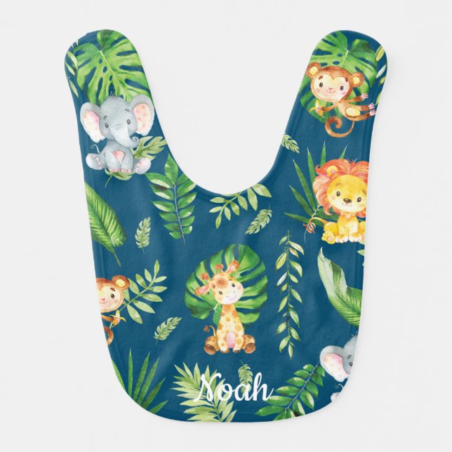 Cute Jungle Animals Safari Lion Elephant Monkey Baby Bib (Front)