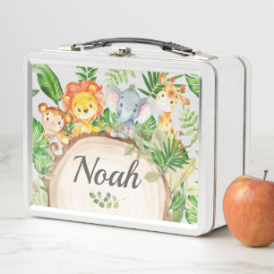 Cute Jungle Animals Safari Lion Elephant Monkey Metal Lunch Box