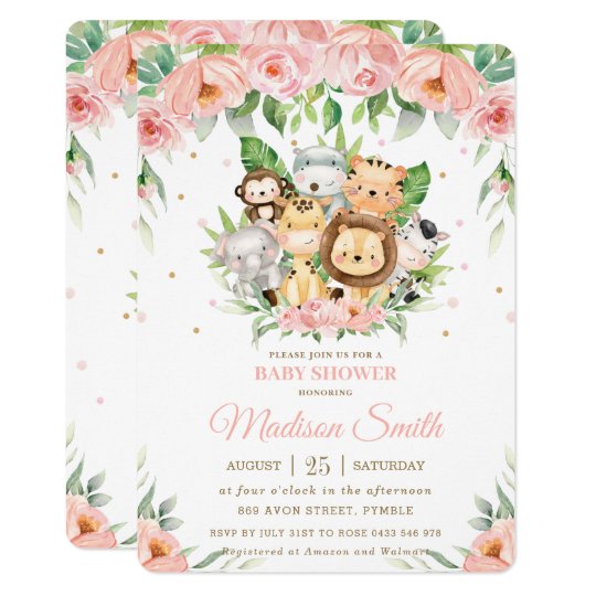 Cute Jungle Animals Safari Pink Floral Baby Shower Invitation