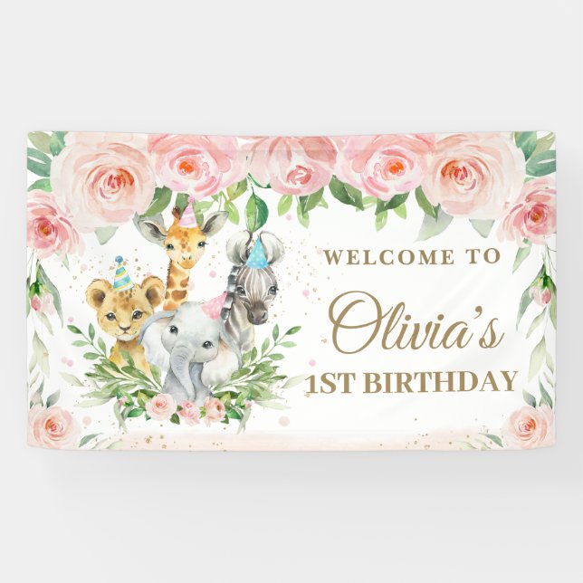Cute Jungle Animals Safari Pink Floral Backdrop Banner (Horizontal)