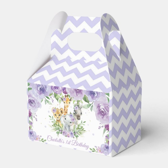 Cute Jungle Animals Safari Purple Floral Thank You Favor Boxes (Front Side)
