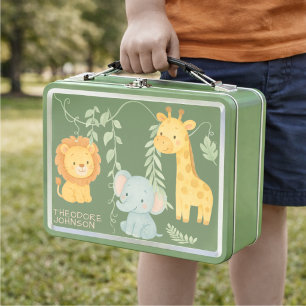 Cute Jungle Animals Safari Watercolor Metal Lunch Box