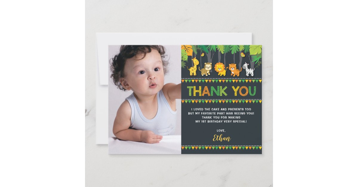 Cute Jungle Animals Safari Wild One Birthday Photo Thank You Card | Zazzle