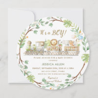 Cute Jungle Animals Train Greenery Baby Shower  Invitation