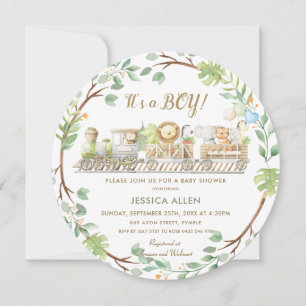 Cute Jungle Animals Train Greenery Baby Shower Invitation