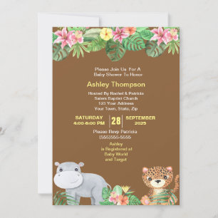 Cute Jungle Animals Tropical Flowers Baby Shower Invitation