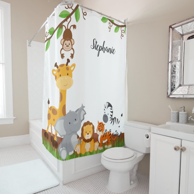 Cute Jungle Baby Animal {pick your color} Shower Curtain (In Situ)