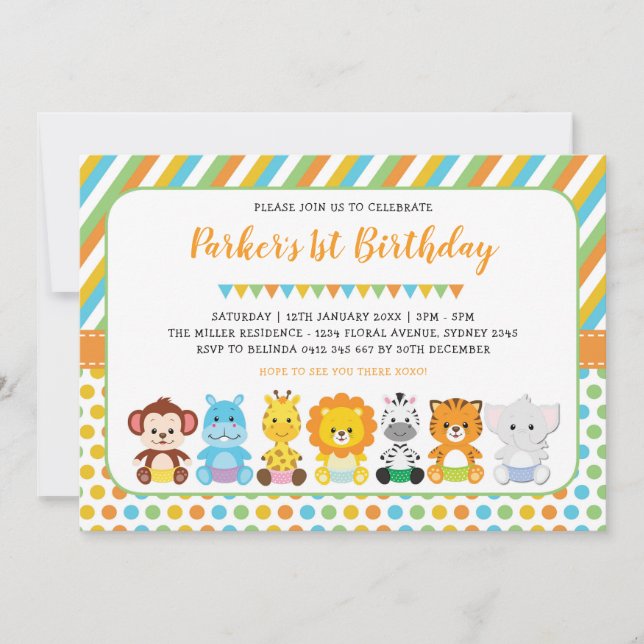 Cute Jungle Baby Animals Safari 1st Birthday Party Invitation (Front)