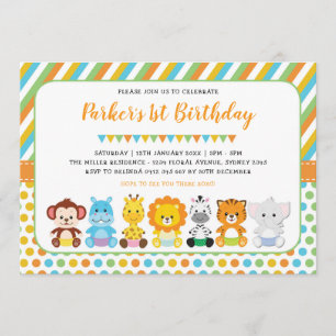 Cute Jungle Baby Animals Safari 1st Birthday Party Invitation