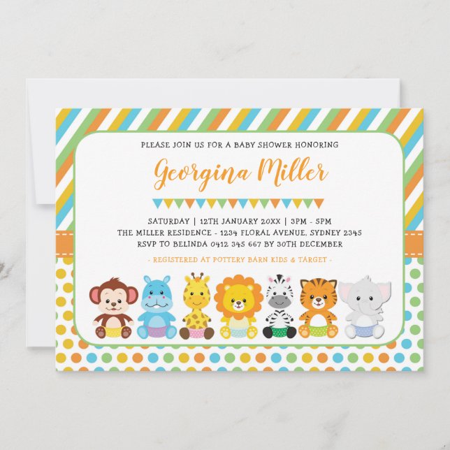 Cute Jungle Baby Animals Safari Baby Shower Invitation (Front)