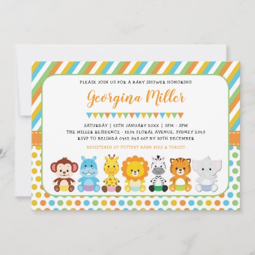 Cute Jungle Baby Animals Safari Baby Shower Invitation