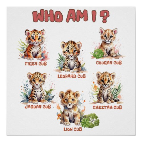 Cute jungle baby wild animals educational quiz poster