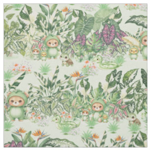 Cute Jungle Bear and Tropical  Seamless Pattern Fabric