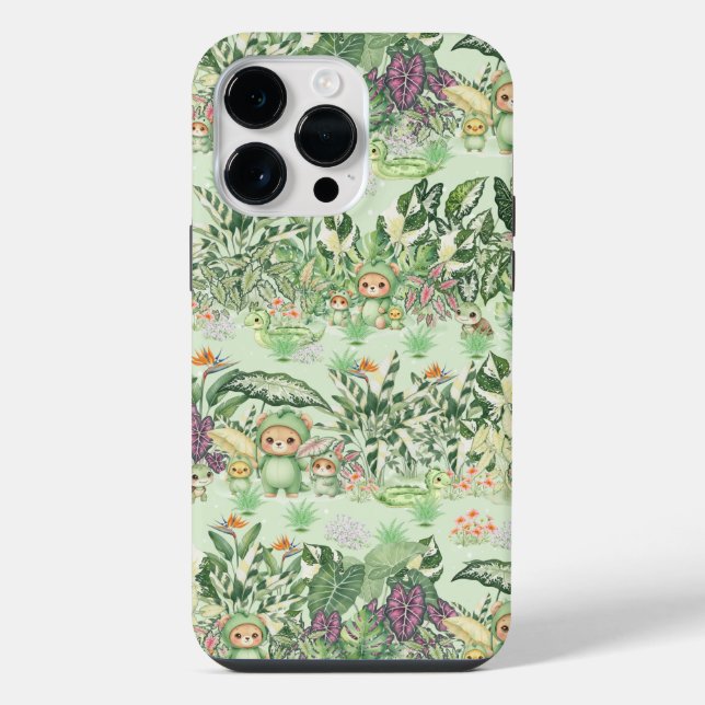 Cute Jungle Bear and Tropical  Seamless Pattern Iphone Case (Back)