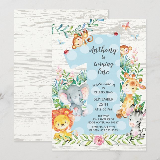 Cute Jungle Big One Boys Birthday Invitation (Front/Back)
