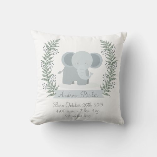 Cute Jungle Elephant Baby BoyGirl Announcement Throw Pillow