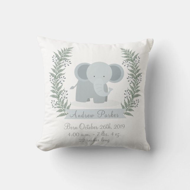 Cute Jungle Elephant Baby Boy/Girl Announcement Throw Pillow (Front)