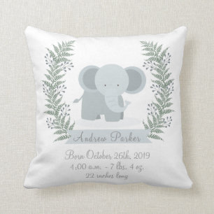 Cute Jungle Elephant Baby Boy/Girl Announcement Throw Pillow