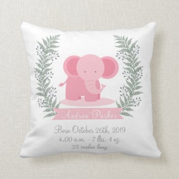 Cute Jungle Elephant Baby Girl Announcement Pillow by OS_Designs at Zazzle