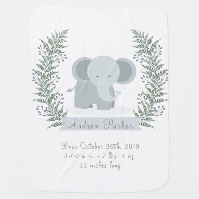 Cute Jungle Elephant Birth Announcement Blanket (Front)