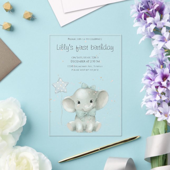 Cute Jungle Elephant Birthday Acrylic Invitations (Insitu (Wedding))