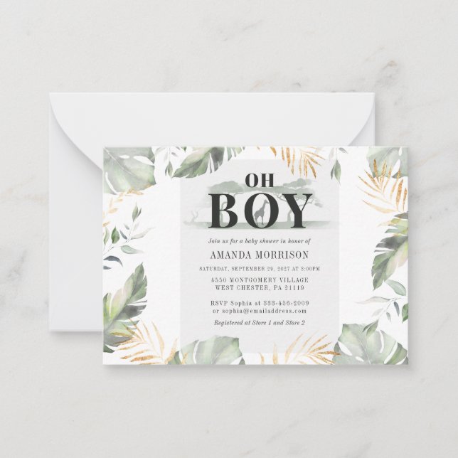 Cute Jungle Giraffe Boy Baby Shower Note Card (Front)