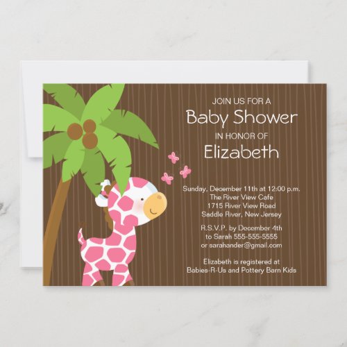 Cute Jungle Giraffe Girl Baby Shower Invitation