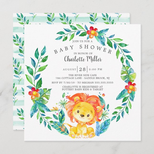 Cute Jungle Lion Baby Shower Invitation (Front/Back)