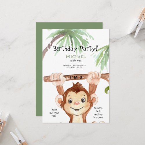 Cute Jungle Monkey Boy Birthday Party Invitation