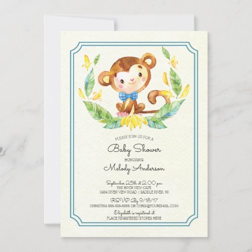 Cute Jungle Monkey Boys Baby Shower Invitation