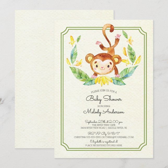 Cute Jungle Monkey Neutral Baby Shower Invitation (Front/Back)