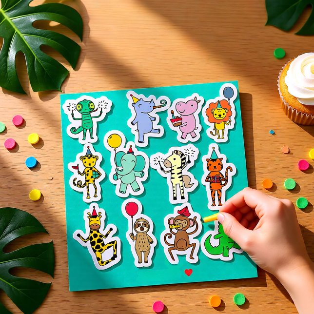 Cute Jungle Party Animals Birthday Celebration Sticker (Cute Jungle Party Animals Birthday Celebration Sticker)