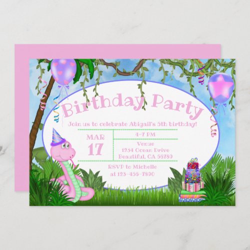 Cute Jungle Pink Snake Kids Birthday Party Invitation