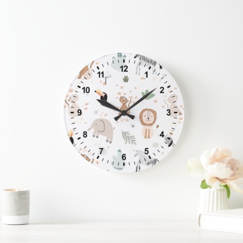 Cute Jungle Rainforest Animals Pattern Large Clock